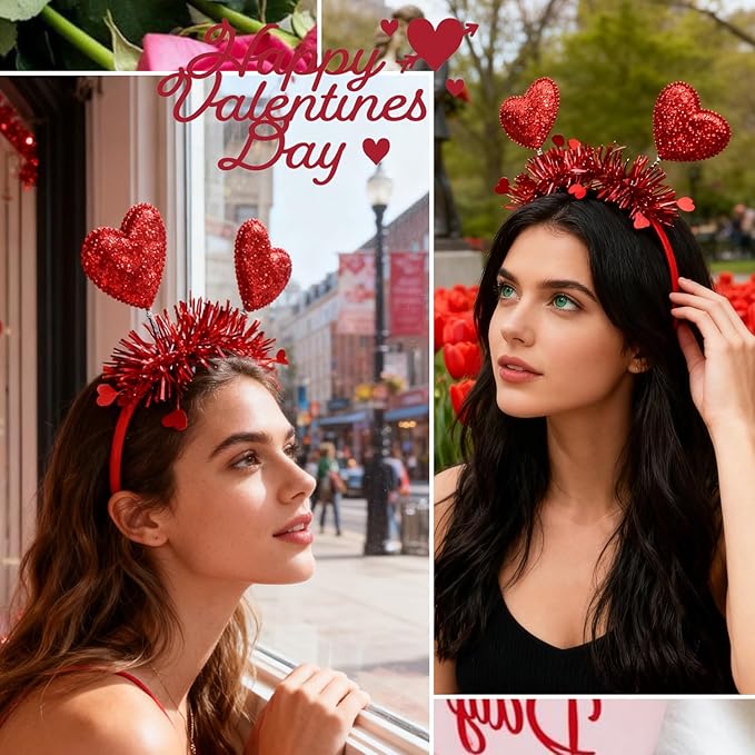 Valentines Headband with Red Heart Designs Sequin Heart Hair Accessories Shiny Red Tassel Head Bopper Romantic Valentines Headbands for Valentines Lover Party Hair Accessory Supplies 1pcs