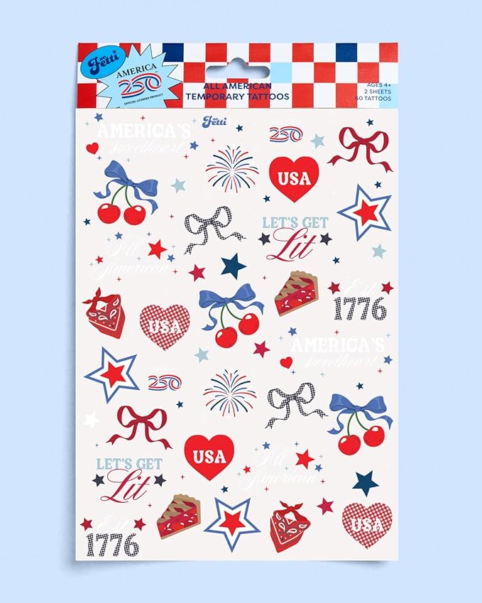 xo, Fetti America 250 Tattoos, 4th of July -60 Temporary Tattoos | USA, Red White Blue, Stars, Fireworks, Patriotic Party Decor, Kids Party, All American