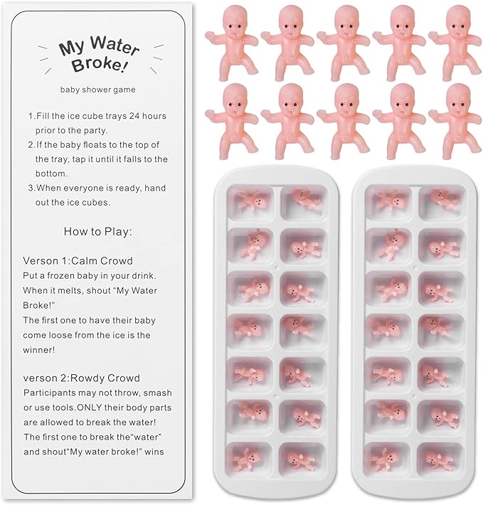 My Water Broke Baby Shower Game with 80 Mini Plastic Babies, 3 Ice Cube Trays and 1 Sign, Used for Ice Baby Shower Games, White