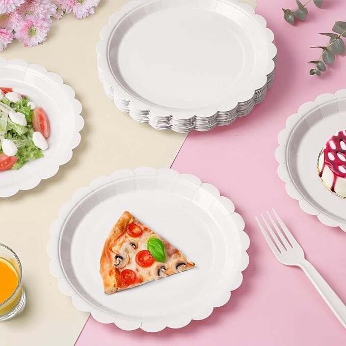 105PCS Paper Plates and Napkins Set,7 Inch Scalloped Disposable Tableware with Forks for Birthdays, Garden Parties & Outdoor Events,Serves 35 (White)