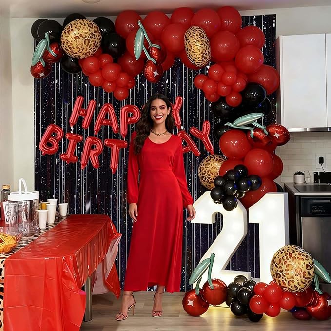 119Pcs Red Cheetah Print Birthday Decorations Balloons Kit, Black Red Cherry Leopard Print Balloons Birthday Foil Banner and Laser Fringe Curtain for Girls Women