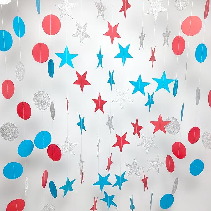 Party Decorations 52 Ft Big Star Garland Circle Dots Garland Paper Backdrop Streamer for Graduation Birthday Bachelorette Engagement Wedding Bridal Shower Baby Shower (Red Blue Silver)