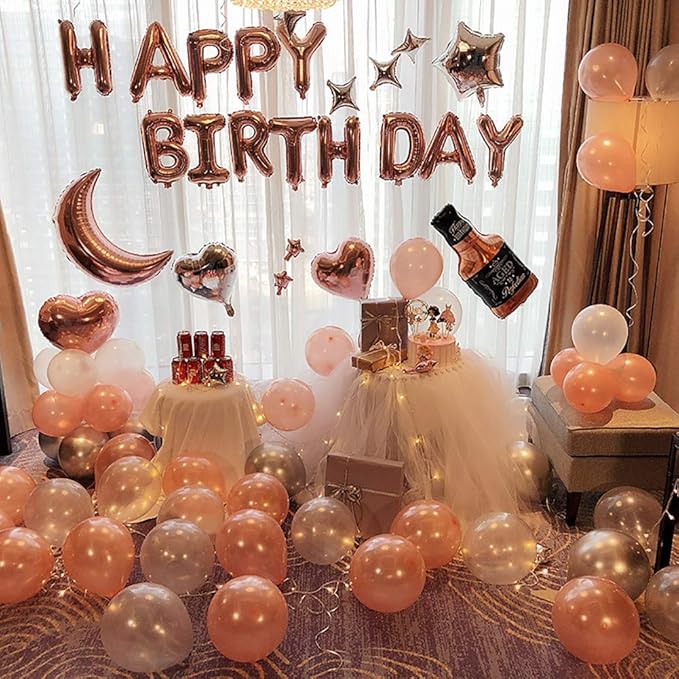 KALOR Rose Gold Happy Birthday Balloons Banner, 16 Inch Mylar Foil Letters Balloon Sign for Birthday Party Decorations Photo Booth Backdrop
