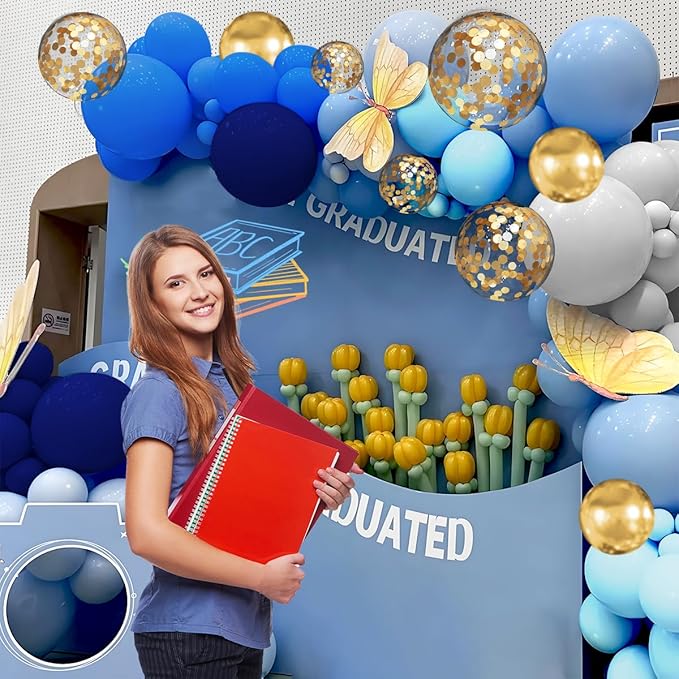Navy Blue White Gold Balloon Garland Arch Kit, 147PCS Royal Dark Pastel Blue White Gold Balloons with Confetti for Birthday Party Baby Shower Wedding Graduation Decorations
