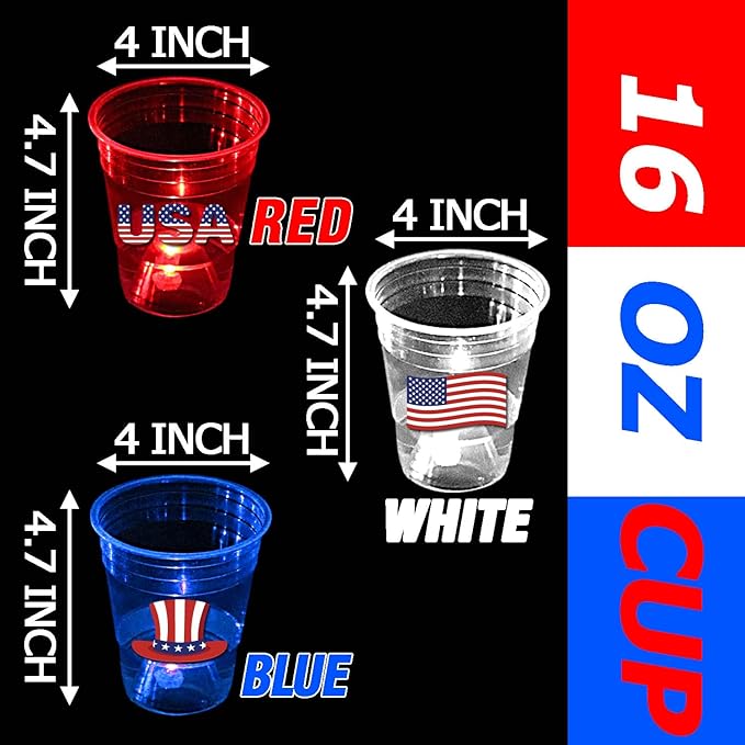 mishunyus 60 Pcs Glow Patriotic Party Decorations, 4th of July Party Cups Pack, USA Citizenship Party Supplies for Memorial Day, Independence Day, Veterans Day(16 oz)