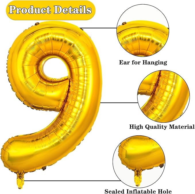 40 Inch Gold Large Numbers Balloons 0-9, Giant Number 9 Digit Helium Balloons Foil Mylar Big Number Balloons for 19 29 39 89 Birthday Party Engagement Wedding Anniversary Supplies Decoration
