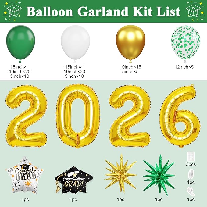 Green White Gold Balloon Arch Kit, Graduation Balloons Garland, 2026 Graduation Decorations Green Gold and White Balloons with Foil Star Balloon for Class of 2026 ollege High School Party Decor