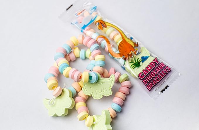 50 Dinosaur Candy Bracelets with Dinosaur Pendants, Dino-lover Candy Jewelry, Ideal for Dino Party Favors and Goodie Bags, Bulk Pack by 4YoreElves