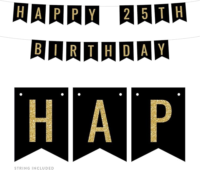 Andaz Press Faux Gold Glitter on Black Birthday Party Banner Decorations, Happy 25th Birthday, Approx 5-Feet, 1-Set, Milestone Colored Hanging Pennant Decor