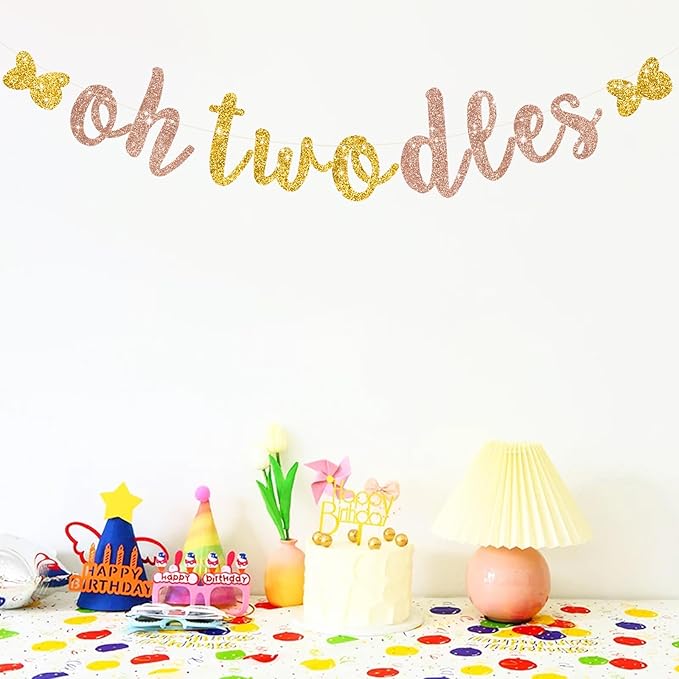 Glitter Rose Gold Oh Twodles Banner Pre-Strung Mouse Themed Cartoon Party Sign Garland 2nd Baby Birthday Decorations Birthday Party Supplies for Boys Girls,NO DIY
