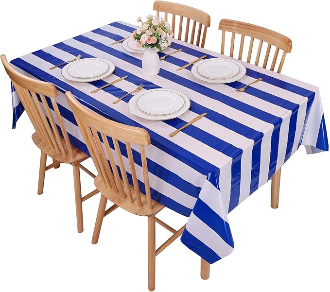 Kesfey 3 Packs Blue and White Vertical Striped Tablecloth 54 x 108 Inch Nautical Blue Stripe Plastic Table Cover Roll Waterproof Disposable Geometric Picnic Party Table Cloth for Dining Family Banquet