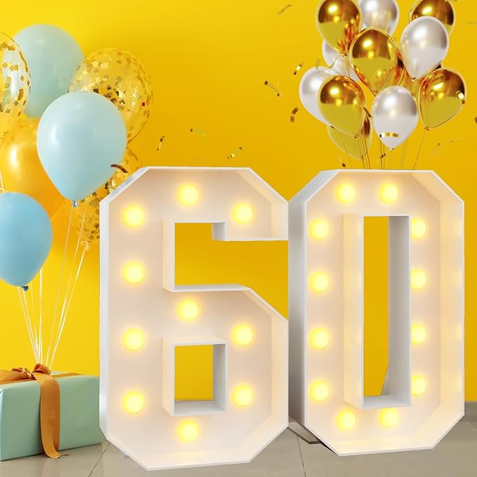 4ft Light Up Numbers 60 Numbers with Lights Bulbs White Slot-in Marquee Frame for Men Women 60th Birthday Party Decorations Pre-Cut Mosaic Cardboard Large Cut-Out Thick Foam Board Sign Anniversary