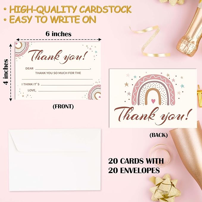 Kids Thank You Cards Fill in the Blank, Boho Rainbow Thank You Notes For Boys Girls, Rainbow Greeting Card, Birthday Party Decorations Favors (20 Cards With 20 Envelopes) -33