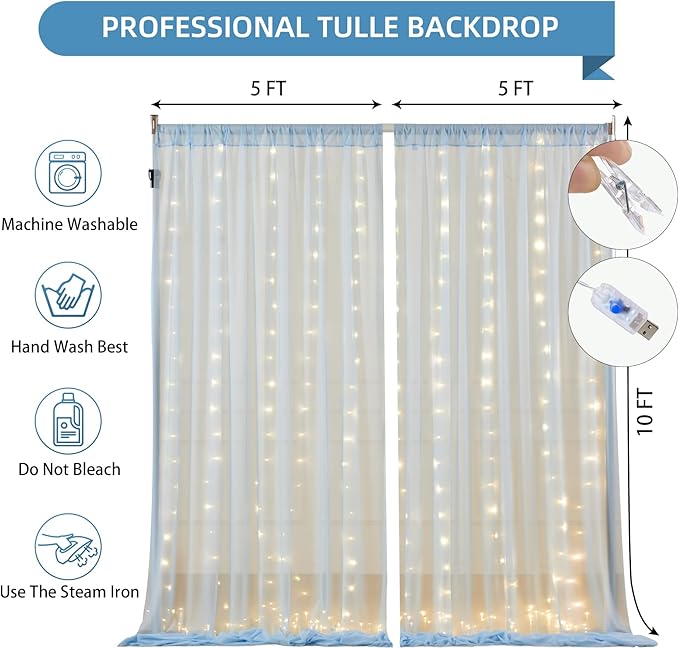 10x10FT Blue Wrinkle Free Backdrop Curtains with Lights String for Parties - Photo Curtain Backdrop with Lights for Wedding Decorations, Bridal Baby Shower Birthday Party Photography Background