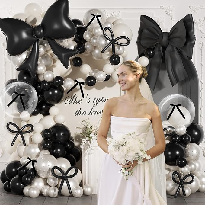 Black Bow Birthday Decorations,187Pcs Black and White Balloon Arch Kit with Clear Bow Foil Double Stuffed Pearl Balloons Ribbon Bow Pearl Stickers for Bow Coquette Birthday Bachelor Bridal Baby Shower
