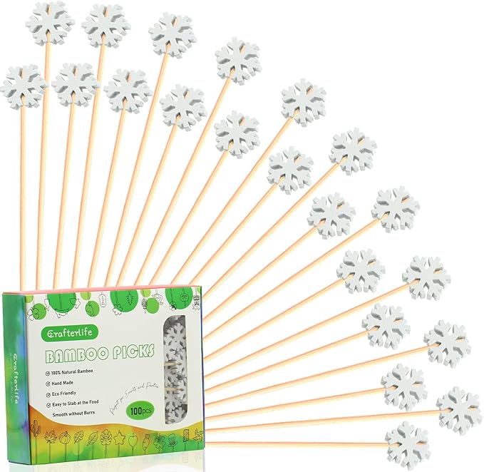 100pcs Snowflakes Cocktail Picks 4.9" Long Food Toothpicks Fruit Sticks Sandwich Appetizer Charcuterie Skewers, Made of Bamboo Wood, for Winter Snow Frozen Christmas Decoration Party Supplies