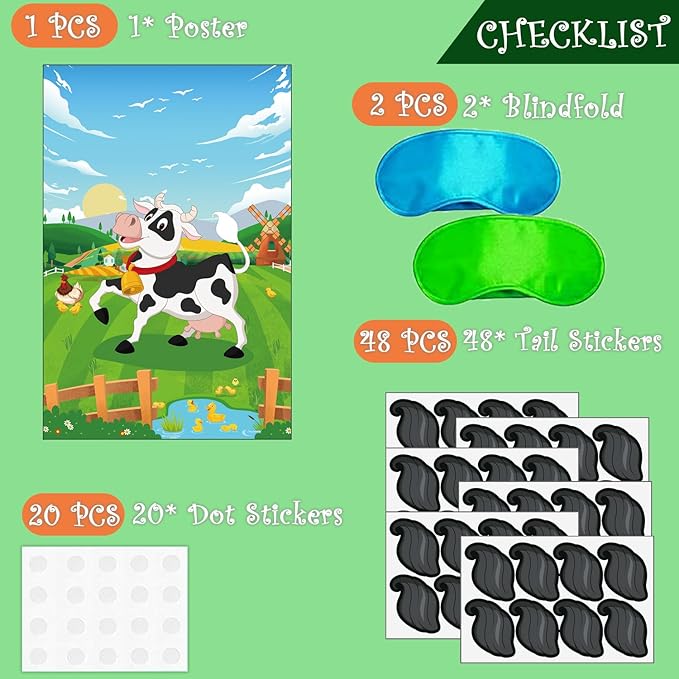 T-Antrix Pin The Tail on The Cow Game -Farm Themed Birthday Games for Kids with 21'' x 28'' Large Poster, Resuable Tails Stickers Farm Party Decorations Kids Birthday Party Favors