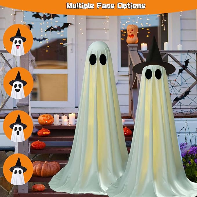 2Packs Halloween Decorations Outdoor, Cute Halloween Decorations Indoor, DIY Ghost Kit Decor with Witch Hat Remote Control String Lights, Spooky Ghost Scary Decor for Front Porch Yards Gardens Lawn