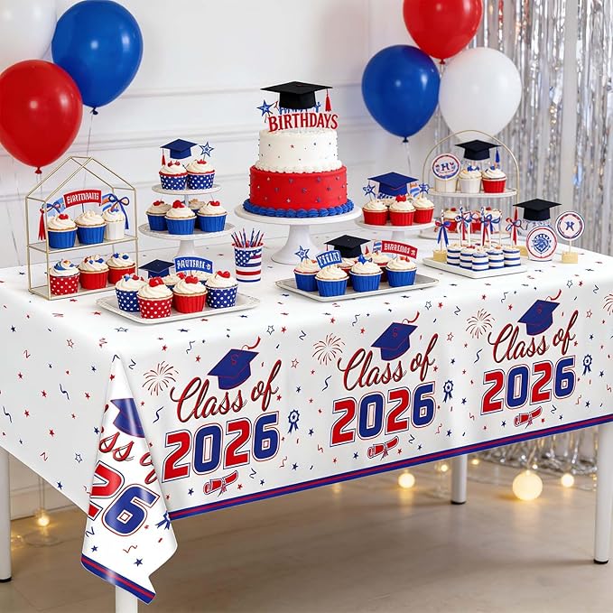 Oigco 2026 Graduation Decorations, 2 Pack Red and Blue Graduation Tablecloths Class of 2026, Congrats Grad Plastic Rectangle Table Cloths for Graduation Party Decorations, 54 x 108 Inch