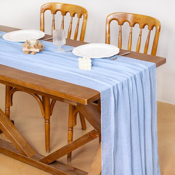 Socomi 6pcs Blue Easter Spring Gauze Cheesecloth Table Runner 120 Inch Rustic Boho Cheese Cloth Runner for Wedding Party Baby Bridal Shower Centerpiece Decoration Holiday Home Decorations