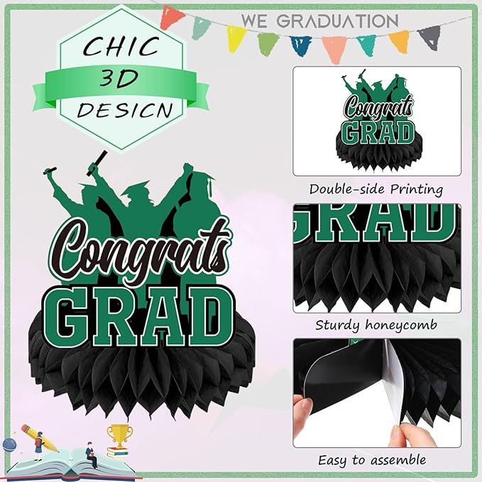 Yisong 9 Pieces 2026 Graduation Party Table Decorations Class of 2026 Congrats Graduation Centerpieces for Tables Congratulate Honeycomb Centerpiece Topper for Grad Party Supplies(Green)