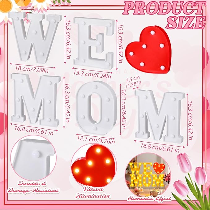 Honoson 6 Pcs Mothers Day Decorations We Love Mom Heart LED Lights up Sign Table Decoration for Mom Birthday Gifts Mothers Day Party Decoration
