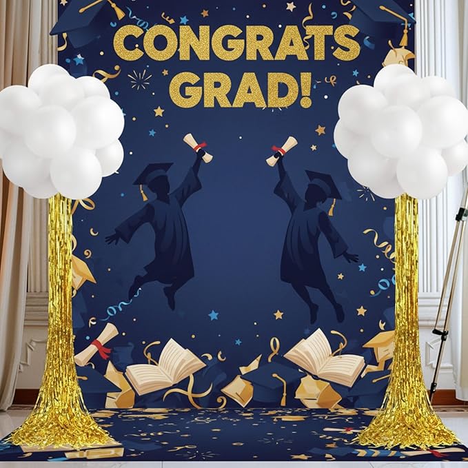 Gejoy 2 Set White and Gold Graduation Decorations Graduation Balloon Column Stand Kit with 50 Balloons 2 Gold Foil Fringe Backdrop Curtains 2 Adjustable Tower Stand with Base for 2026 Grad Party Decor