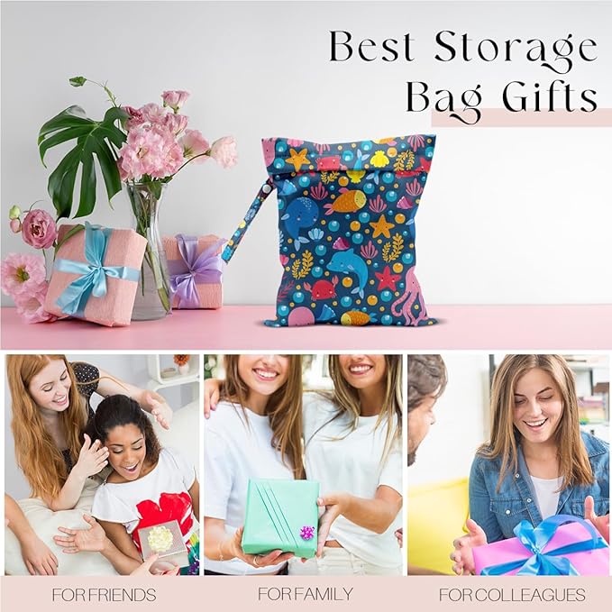 Wet Bag, Wet Dry Bag, Waterproof Swim Bags, Machine Washable Reusable Bags for Beach, Pool, Diapers, and Dirty Yoga Gym Clothes(Cute Ocean Creatures All Over Print