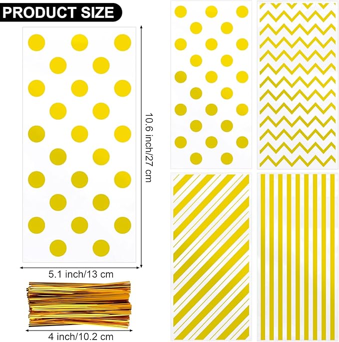 Aodaer 100 Pieces 10.6 x 5.1 In Gold Cellophane Bags Plastic Candy Bag Cellophane Treat Bags Polka Dot Stripes Printed Pattern Goodie Gift Bag with Twist Ties for Birthday, Baby Showers, Weddings Party Supplies
