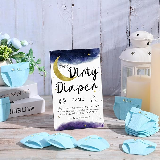 Roowest 51 Pcs Dirty Diaper Baby Shower Games Funny Wooden Sign with 50 Pcs Mini Diapers Cute Felt for Gender Reveal Party Baby Shower(Star Moon)