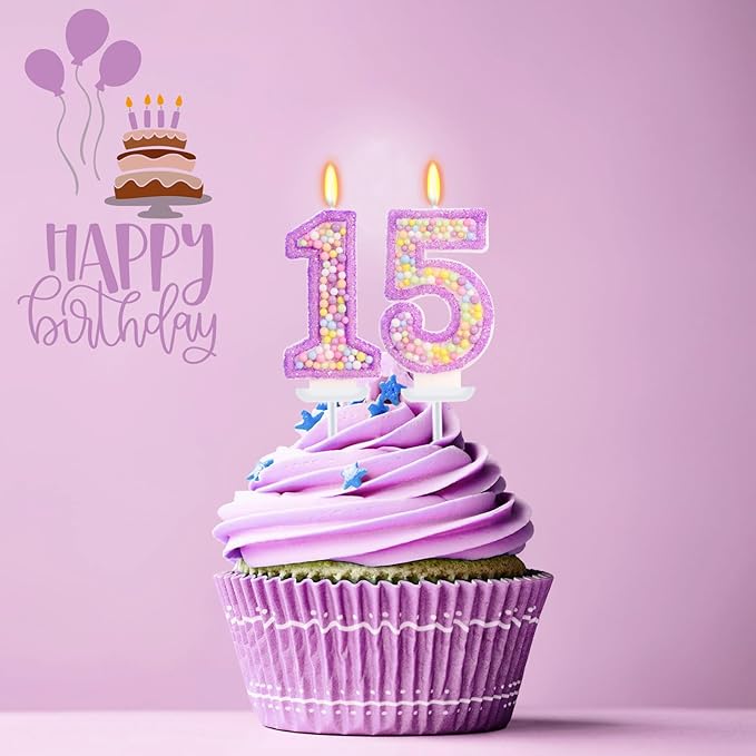 Purple Birthday Candles - Number 15 Candle, Colorful Macaron Candles, 15 Birthday Decorations for Girls, Purple Cake Decorations, Theme Party Supplies