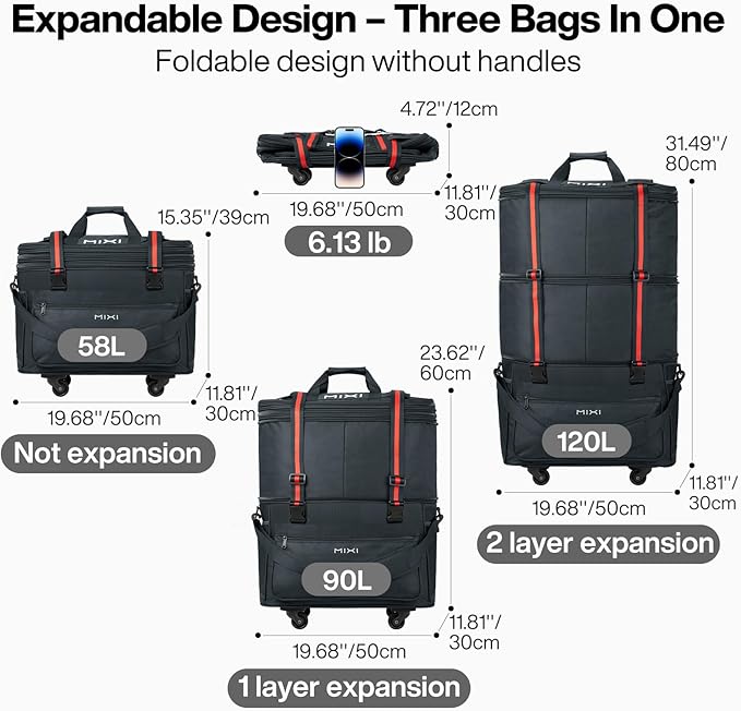 mixi Travel Bag with Wheels Expandable Foldable Luggage Bag Collapsible Rolling Travel Bag Duffel Bag Large Capacity Suitcase for Men Women, Dark Gray