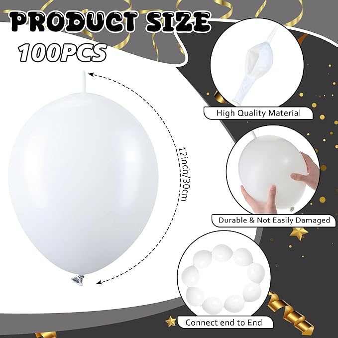 Link Balloons 12 Inch - 100 Pcs Quick Link Balloon Latex Linking Balloons Connected Linkable Balloon Birthday Wedding Party Decorations(White)