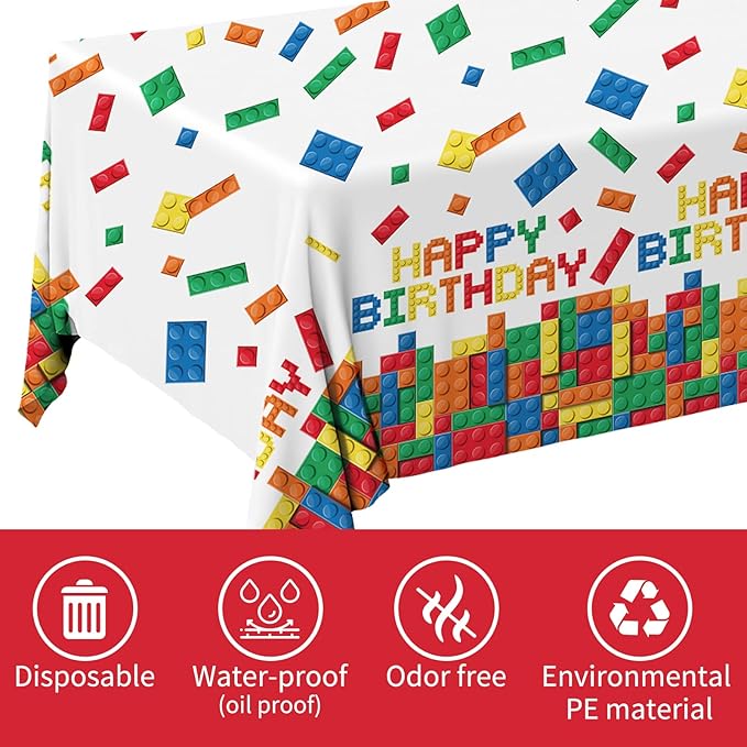 Gatherfun Building Block Party Disposable Tablecloth, Plastic Table Cover for Building Block Themed Party, Kids Birthday, 3 PCS, 54”x108”