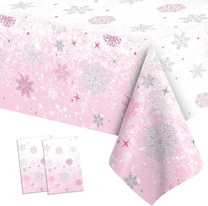 2 PCS Pink Plastic Snowflake Tablecloth(54x108 Inch) Frozen Birthday Winter Wonderland Decorations Disposable Table Cover Tablecloths for Christmas Holiday New Year Party Favors Supplies Decor
