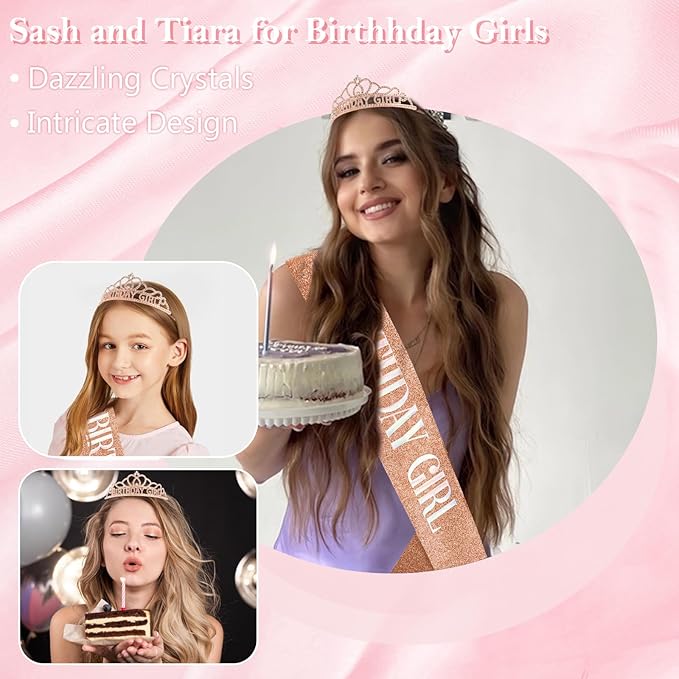Chanaco Birthday Sash and Crown for Women, Birthday Tiara for Girls, Rhinestone Hair Accessories Party Decorations