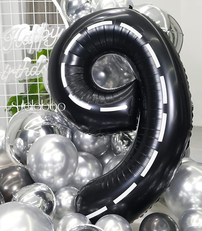 Race Car 40Inch Black 9 Balloon Number Large Helium Race Track 0-9 Giant Digital 9th Foil Mylar Big Party Number Balloons for Boy Birthday Car Theme Party Anniversary Graduation Decorations