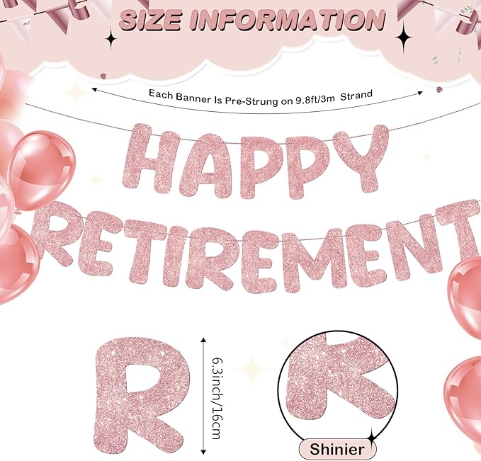 Fulmoon Pre Strung Happy Retirement Banner Glitter Retirement Sign Funny Official Retired Decor Party Decorations Supplies for Men Women Gifts (Rose Gold)