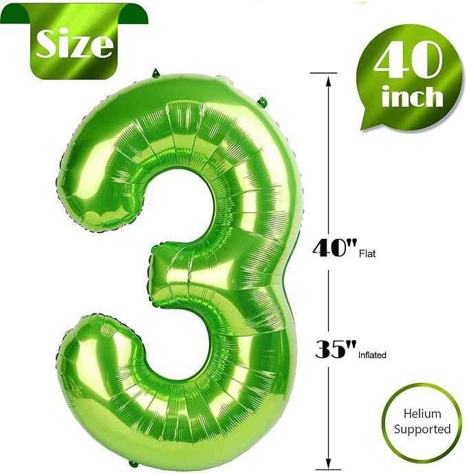 Light Green Number 3 Balloon 40 Inch, 3 Balloon Number, 3rd Birthday Decorations, Light Green Party Supplies for Boys Girls