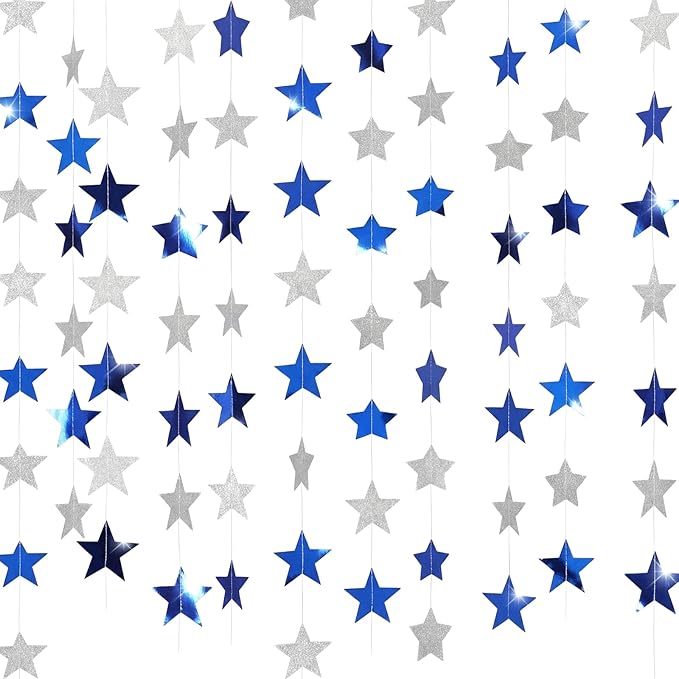 Spakon 65 Feet Glitter Star Shaped Paper Garland Banner Hanging Decoration Star Streamer Double Side 2026 Graduation Decorations for Wedding Birthday New Year Party Decoration(Silver and Blue)