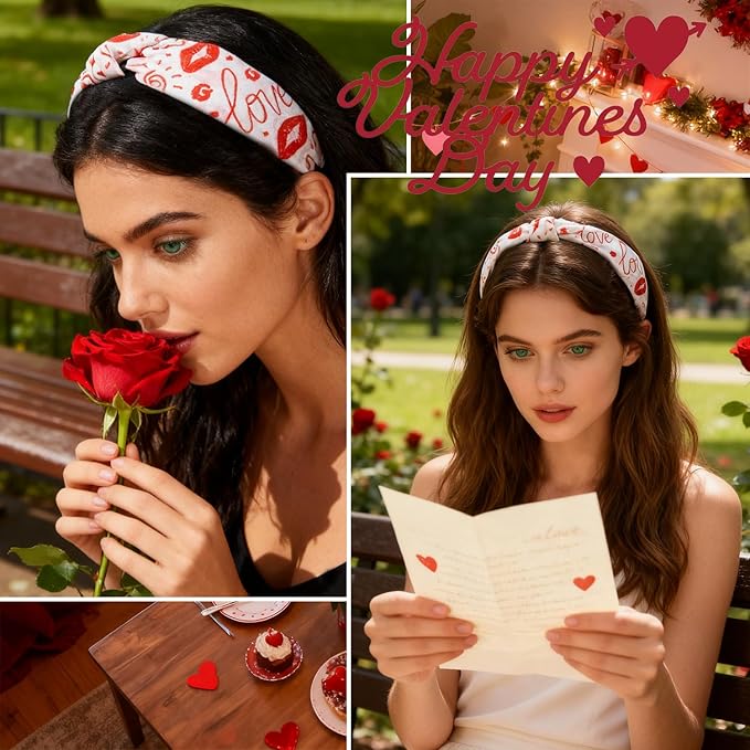 1pcs Valentines Headband With Red Lips Designs English Letters Headbands Fashion Women Head Band Non Slip Cute Knotted Headbands for Women for Valentines Lover Party Hair Accessory