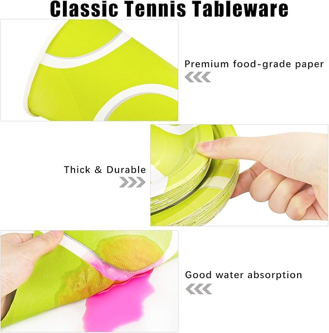 Durony 144-Piece Tennis Paper Plates & Napkins Dinnerware Set - Birthday Party Tableware Supplies Includes Plates, Napkins, Forks - Serve 24 for Sports & Tennis Parties