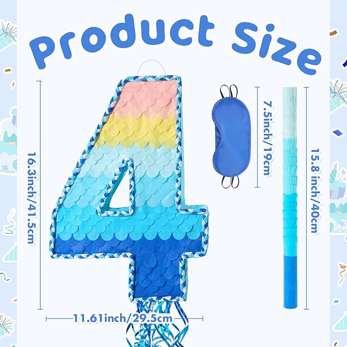 WERNNSAI Number 4 Piñata - Ombre Blue Number Piñata with Blindfold Stick Birthday Party Game for Kids Boys Girls 4th Birthday Party Decorations （16.3" x 11.6" x 3")