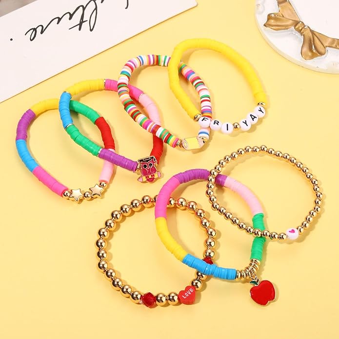 Surfer Heishi Bracelets for Women Stackable Rainbow Vinyl Disc Clay Beaded Stretch Bracelets Elastic Layering Friendship Bracelets Boho Summer Beach Jewelry