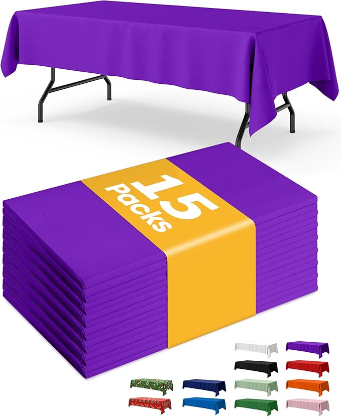 Purple Plastic Table Cloth Rectangle Table 15 Pack, 54''×108'' Tablecloth for Graduation Decorations Class of 2025, Table Cloth for Disposable Use, Table Cover for Holiday Party, Gathering