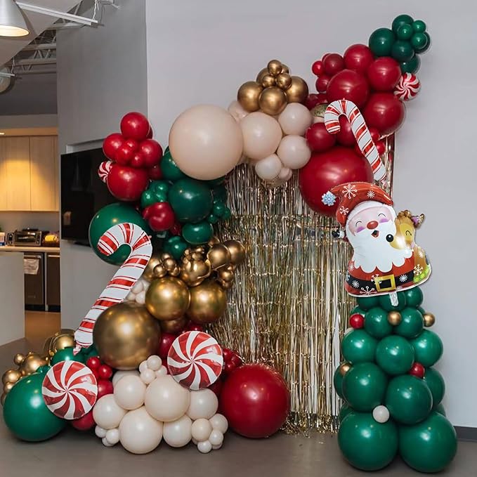 Christmas Balloon Arch 121pcs, Red Green White Gold Xmas Balloons Garland Kit with Foil Candy Cane Santa claus Peppermint Balloon for Merry Christmas Party New Year Holiday Birthday Decorations