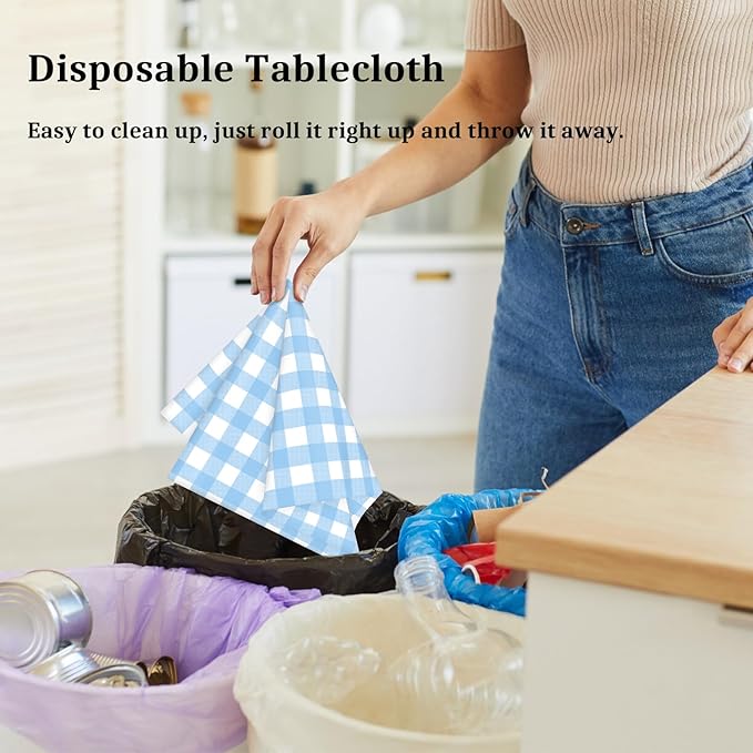 4 Pcs Light Blue Checkered Tablecloth 54 ×108 Inches Rectangle Blue Gingham Tablecloth Disposable Plastic Waterproof Table Cover for Outdoor Picnic, Kitchen, Holiday Birthday Party