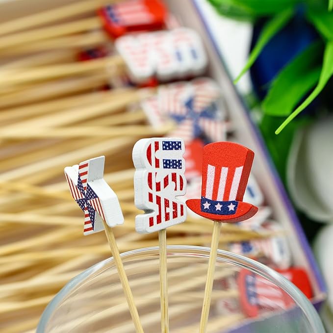 100pcs Patriotic Cocktail Picks Red White Blue 4th of July Decor Toothpicks Stick Skewer for Appetizer Charcuterie Accessories Fourth July Independence Memorial Veterans Election Day Party Decorations