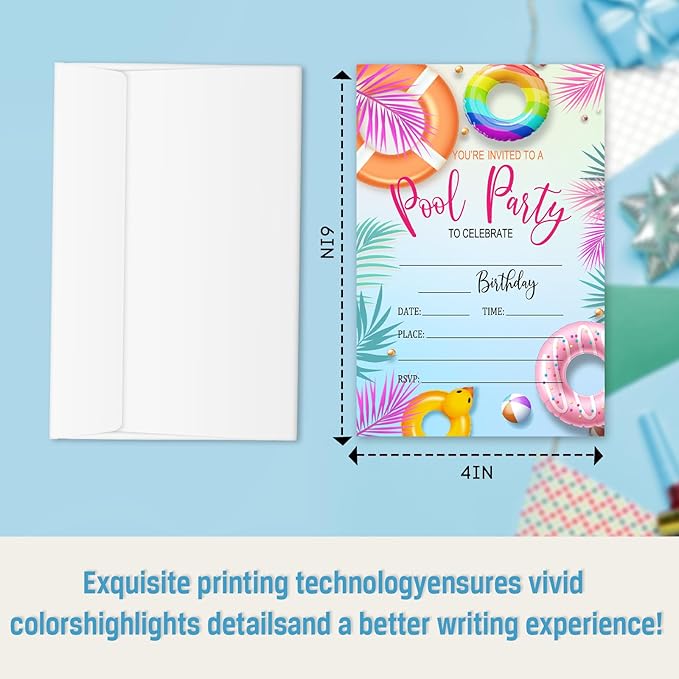 Pool Party Birthday Invitations, 25 Summer Party Invites Cards with Envelopes, Double-Sided Fillable, for Teens Adults, Birthday Party Supplies (4 x 6 Inch) -A10