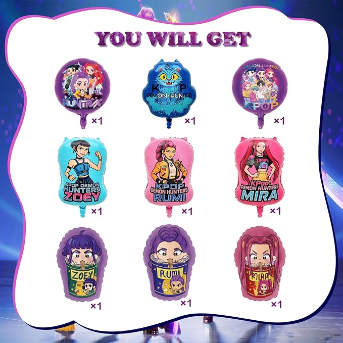 Demon Hunters Birthday Decorations, 9PCS Foil Balloons for Boys Girls Kpop Party Supplies